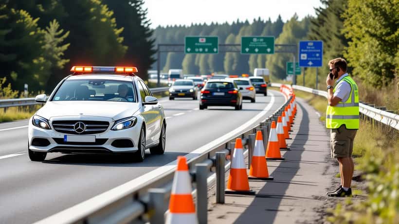 Panne auf der A7 Autobahn 2026: Mann in Warnweste wartet auf Pannendienst in Baustelle