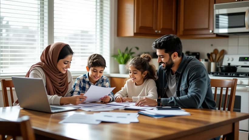Famille canadienne d'origine pakistanaise consultant des documents d'immigration IRCC à la table de cuisine en banlieue de Mississauga
