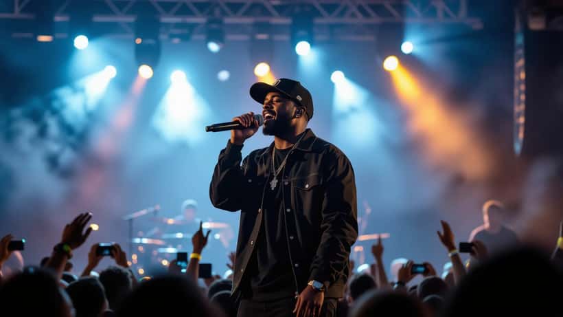 MC Jacaré em show ao vivo no Brasil 2026 com microfone e plateia