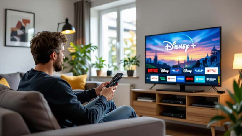 Man setting up on-demand streaming apps on a smart TV with the TV aerial unplugged in a UK living room