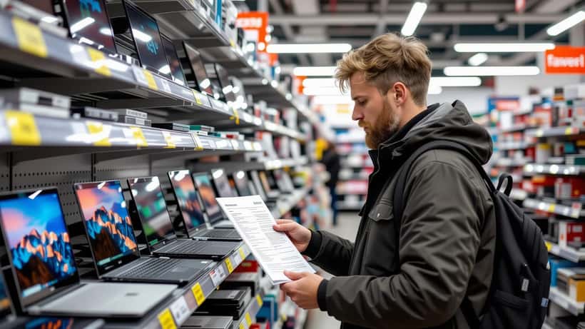 Man jämför priset på ny laptop mot reparationskvitto i en elektronikbutik i Stockholm