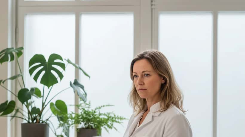 Nederlandse arts bekijkt luchtkwaliteitsdata op tablet in Amsterdamse kliniek