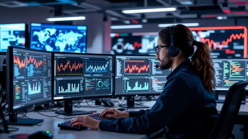 Analista de TI monitorando dashboard SIEM com alertas de intrusão na Europa em centro de operações de cibersegurança