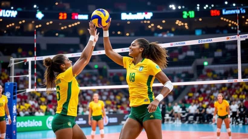 Jogadoras da seleção brasileira feminina de voleibol em ação durante a Liga das Nações 2026