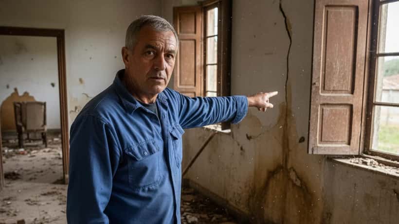 Proprietário a verificar danos de inundação numa habitação em Portugal