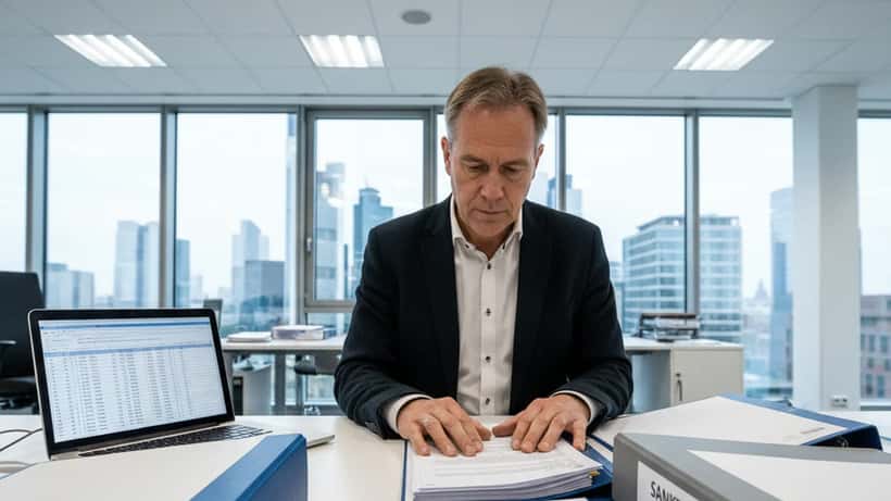 Deutscher Finanzberater prüft Sanktionsdokumente an seinem Schreibtisch in Frankfurt