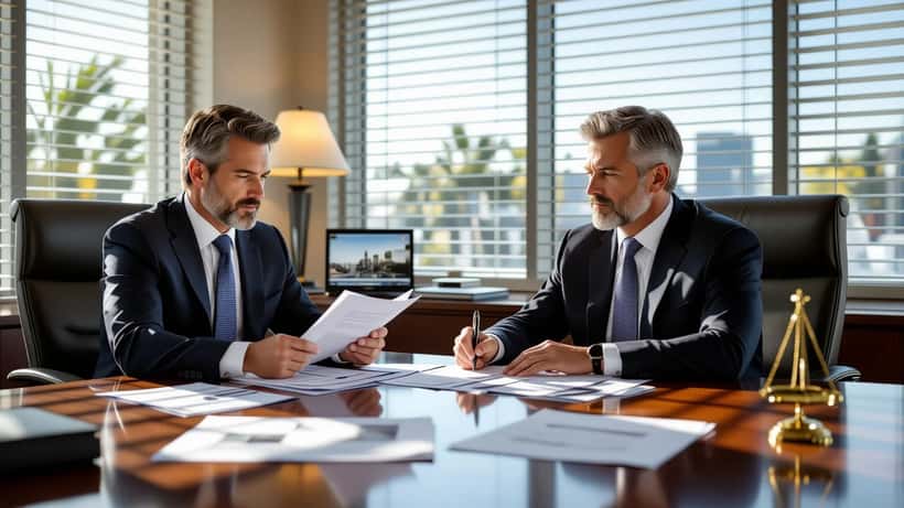 Attorney and private investigator reviewing case files and surveillance photos in a South Florida law office