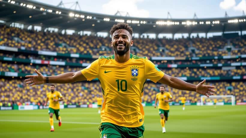 Brazilian footballer in yellow-green jersey celebrating a goal at World Cup 2026 stadium