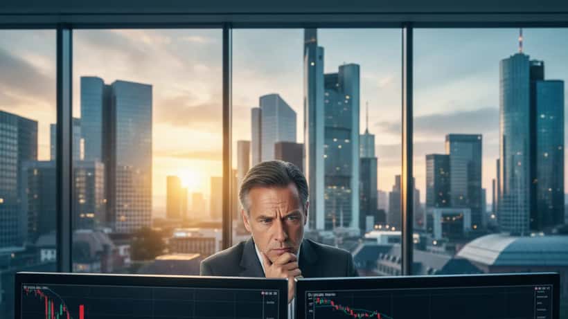 Deutscher Geschäftsmann schaut auf sinkende Nikkei-Aktienkurse auf zwei Monitoren im Frankfurter Büro