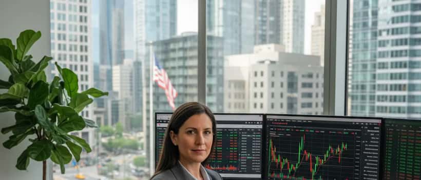 American financial advisor reviewing stock market charts on laptop showing market volatility in a professional office
