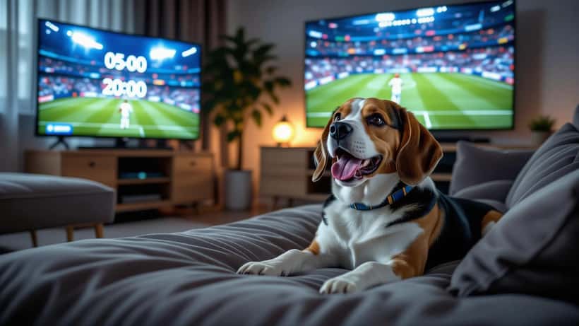 Hund liegt ängstlich auf dem Sofa, während das WM-2026-Spiel Schweiz gegen Algerien auf dem Fernseher läuft