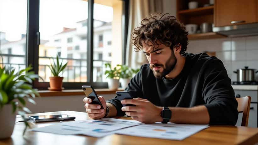 Homem frustrado segurando celular com erro em aplicativo de apostas esportivas e documentos legais sobre a mesa