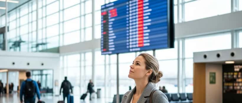En svensk kvinna på en flygplats tittar på avgångstavlan med försenade flyg och funderar på sina rättigheter