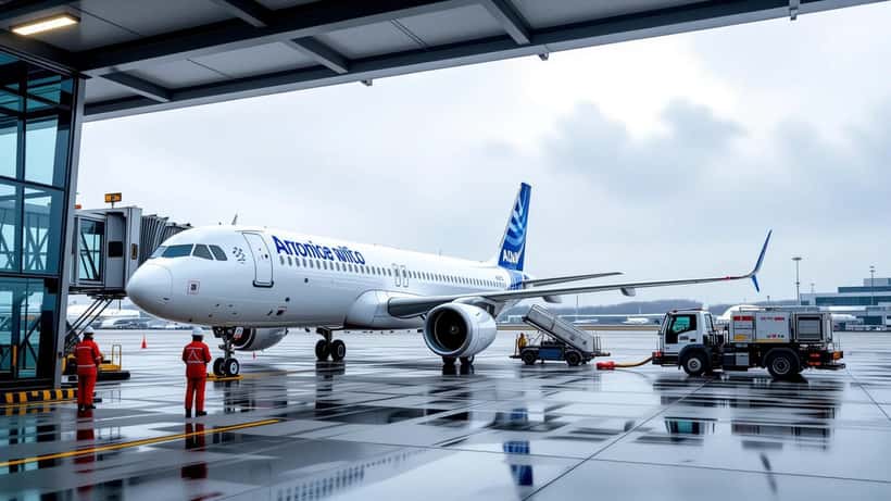 Airbus A321neo stationné à une porte d'embarquement, équipe au sol préparant le départ