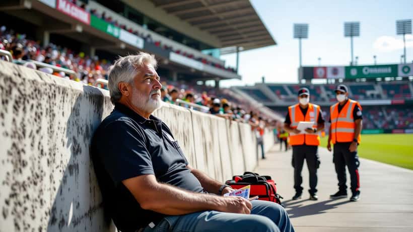 Jalkapallofani lämpöuupumuksessa stadionin ulkopuolella, ensihoitajat auttavat kuumuuden aikana