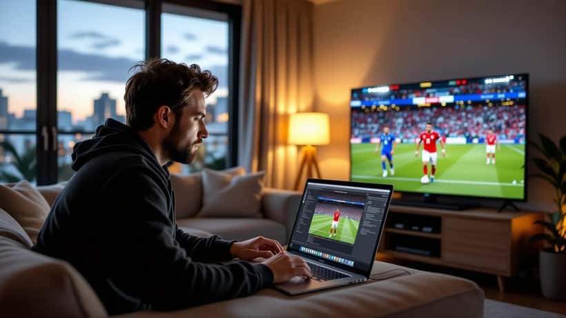 Australian man looking at laptop with suspicious streaming website pop-ups, football match visible on TV in background