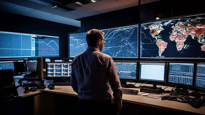 IT-Sicherheitsanalytiker überwacht Cyberbedrohungen auf Netzwerk-Monitoren in einem Security Operations Center