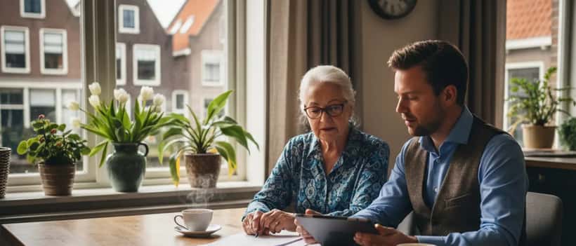 Ouder Nederlands echtpaar bespreekt testament en vermogensplanning met financieel adviseur aan keukentafel