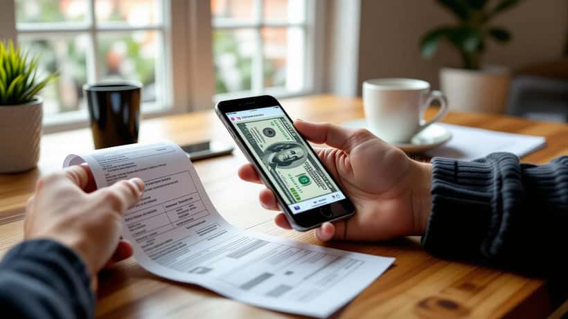 Persona evaluando el precio del iPhone 18 Pro junto a documentos financieros en casa