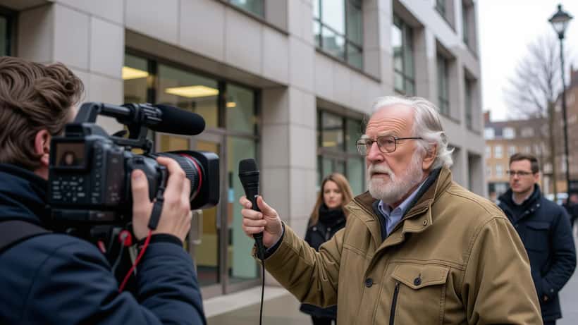 Investigative journalist holding microphone outside a London office building with a press camera crew in the background