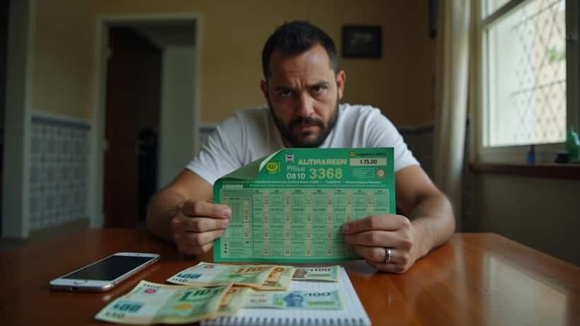 Homem segurando bilhete de loteria com notas de real e plano financeiro sobre mesa