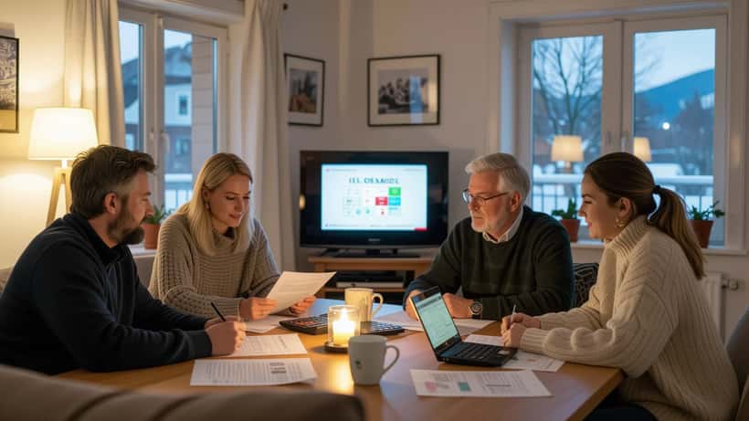 Norsk familie rundt stuebord med kalkulator og laptop, diskuterer økonomi etter TV-premie