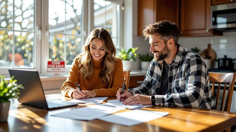 American couple reviewing housing contract documents at kitchen table with For Sale sign visible outside window