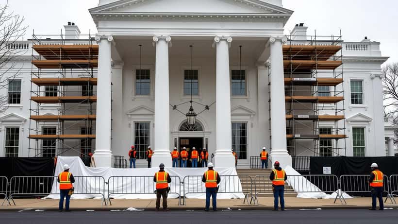 White House North Portico front door under construction with tarps and workers repairing columns