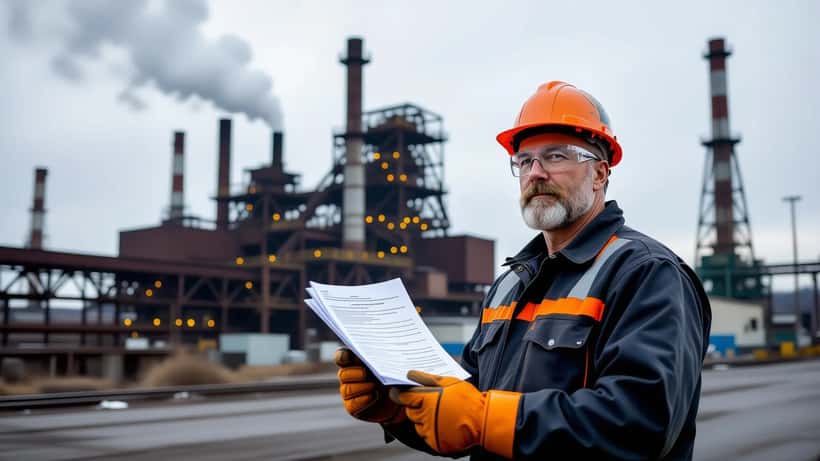 Steelworker holding layoff notice outside Hamilton steel plant gates with blast furnaces in background