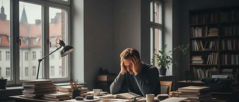 Erschöpfter Schriftsteller sitzt mit Notizbüchern an seinem Schreibtisch in natürlichem Licht