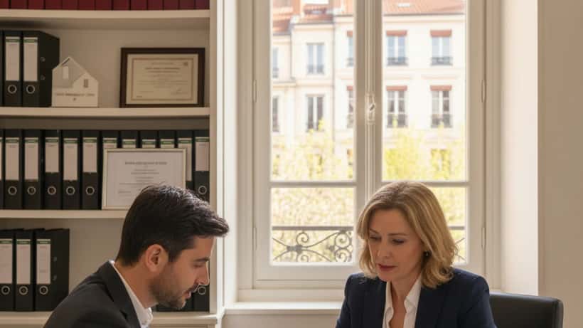 Conseillère en gestion de patrimoine analysant les taux de crédit immobilier avec un client à Lyon en avril 2026