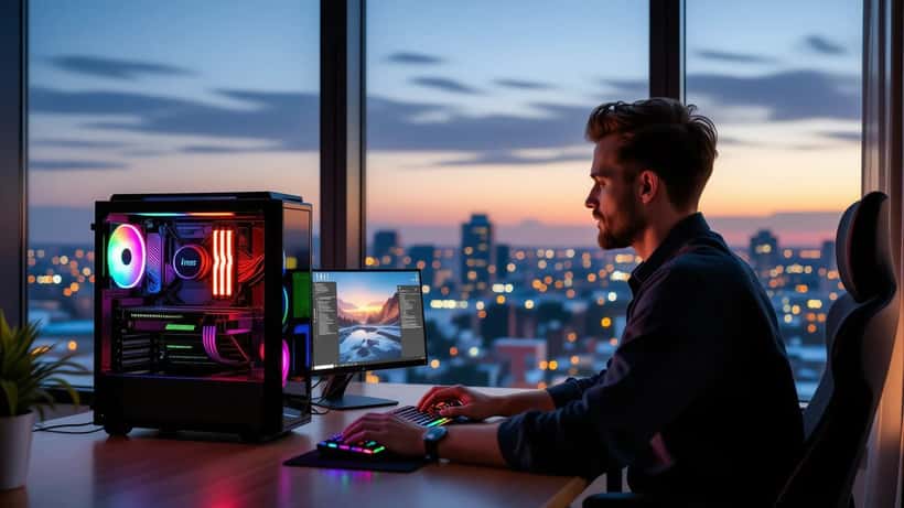 Gaming PC med åpent kabinett som viser RAM og skjermkort