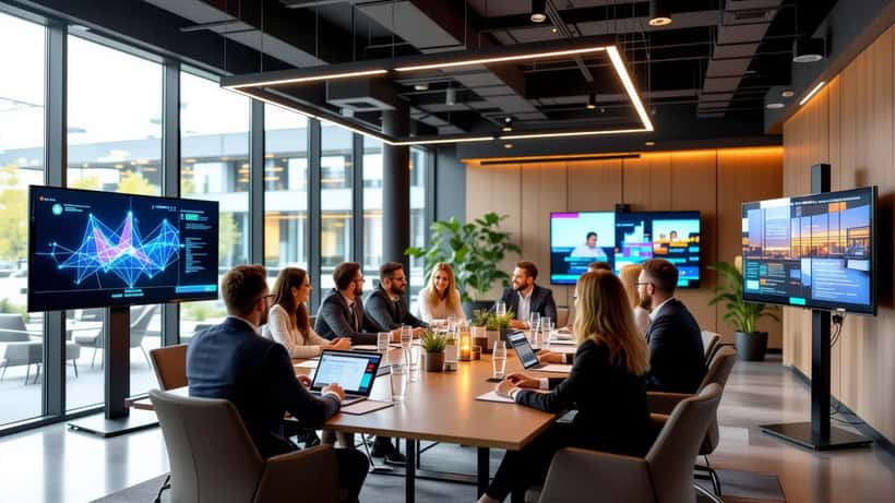 Equipo diverso planificando un evento corporativo híbrido moderno en una oficina con pantallas digitales