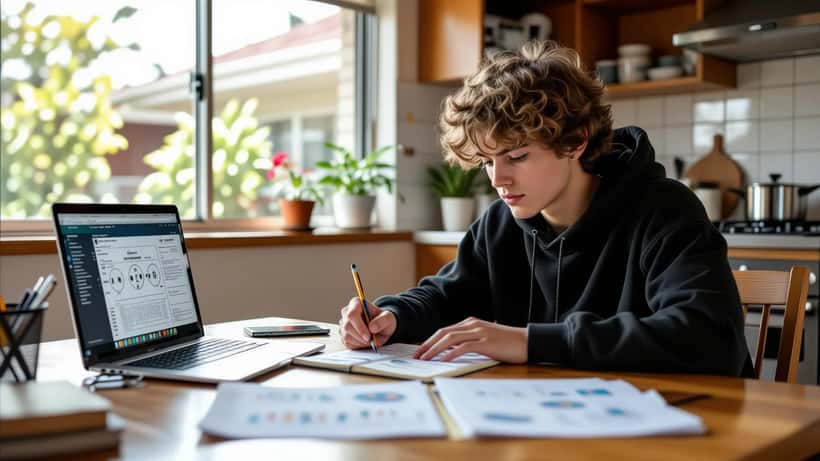 Australian student calculating World Cup 2026 goal difference in a notebook beside a laptop showing football scores