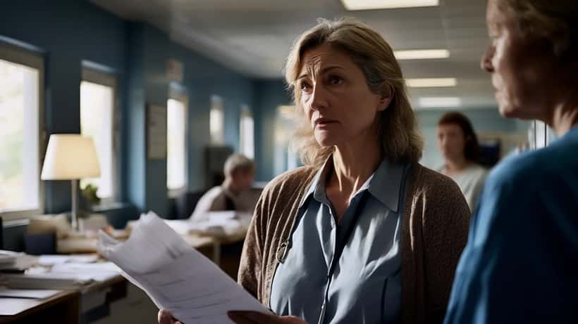 Pårørende kvinde taler med plejehjemsleder om omsorgssvigt i Danmark