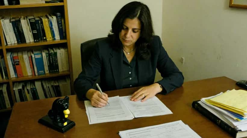Advogada a analisar documentos de regulação das responsabilidades parentais num escritório em Lisboa