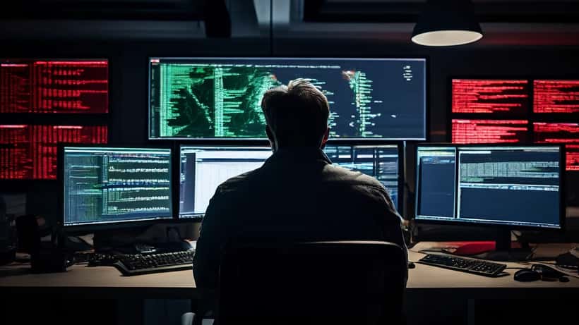 IT-sikkerhedskonsulent undersøger malware-kode på skærm med cybertrusseladvarsler