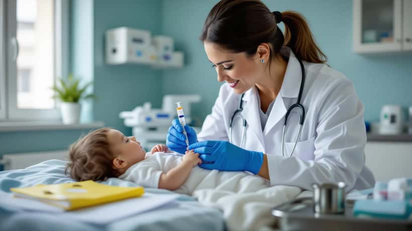 Pédiatre administrant un vaccin à un nourrisson lors d'une consultation dans une clinique pédiatrique à Paris, carnet de santé ouvert sur la table