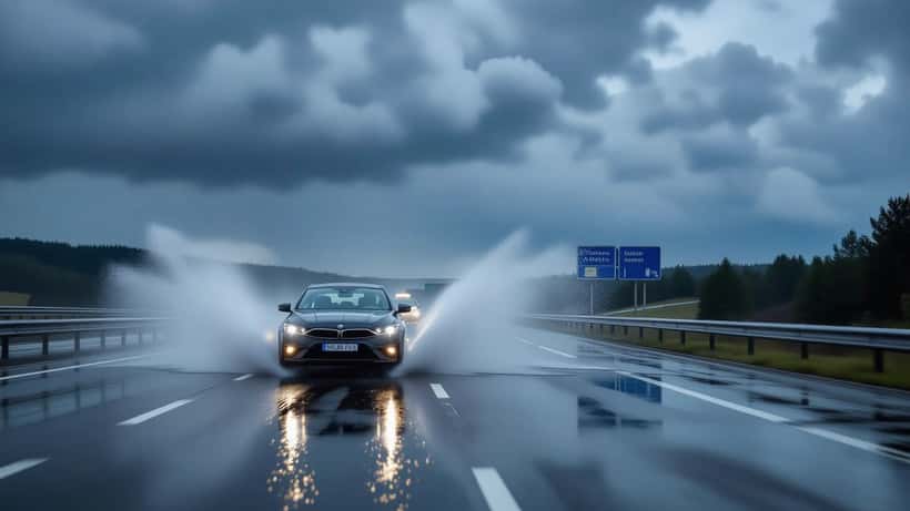 Voiture roulant sous une forte pluie sur autoroute avec projection d'eau, risque d'aquaplaning