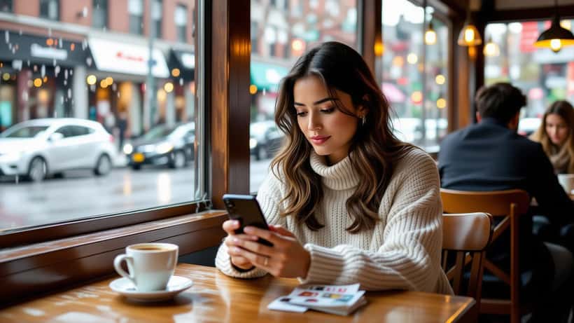Femme consultant son téléphone dans un café à Montréal, reflétant sur des signaux de relation toxique