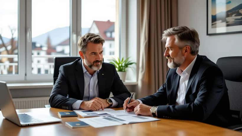 Bosnischer Mann und Anwalt besprechen Doppelstaatsbürgerschaft in Münchner Kanzlei