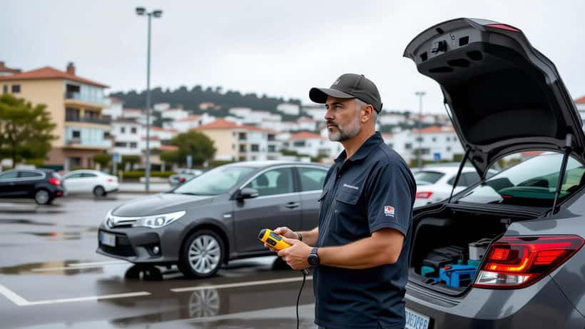 Homem português a verificar a bateria do carro com capô aberto num parque de estacionamento em Lisboa sob chuva de agosto