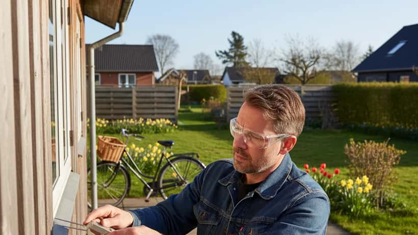 Dansk håndværker inspicerer træfacade på villa i forårssolskin