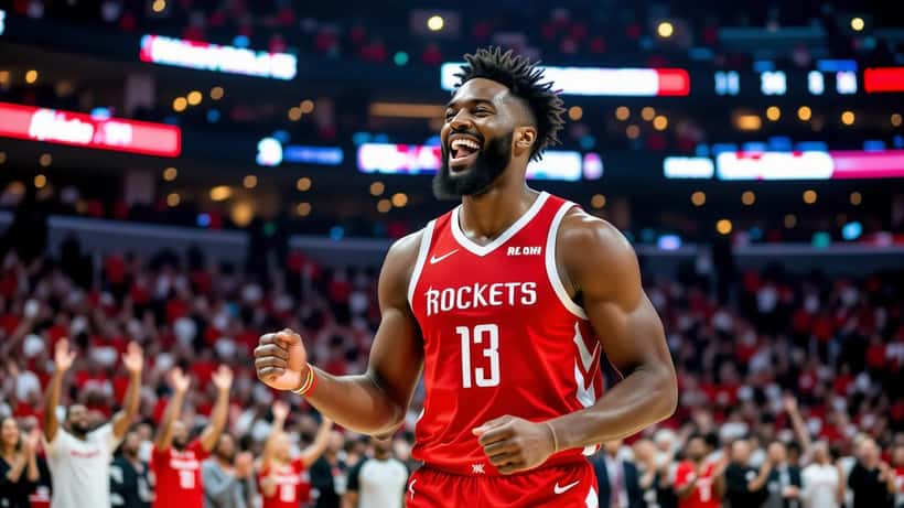 Jogador de basquete dos Houston Rockets celebrando nos playoffs NBA 2026, jovem astro e planejamento financeiro