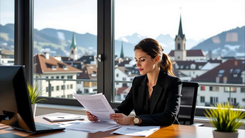 Femme suisse examinant un document de licenciement dans un bureau cantonal à Neuchâtel