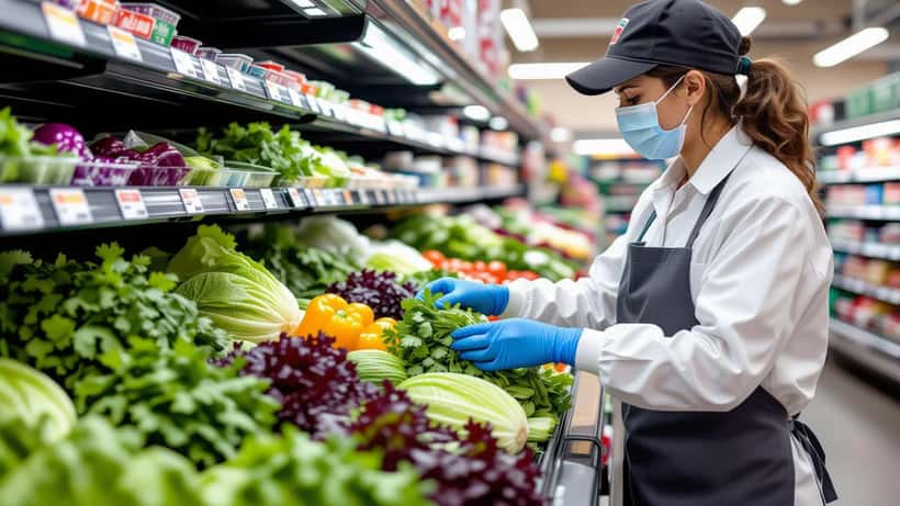 Food safety inspector in blue gloves examining fresh cilantro and salad greens for Cyclospora contamination in a US supermarket