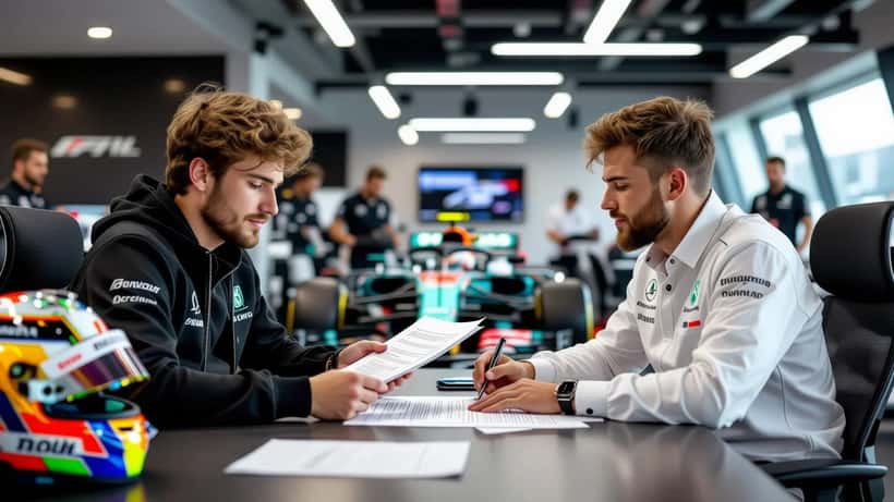 Young athlete and lawyer reviewing a contract in a motorsport team hospitality room