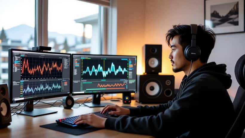 Asian-Canadian content creator looking at copyright claim notification on streaming dashboard with AI music interface