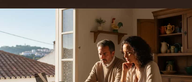 Casal português a analisar bilhete de lotaria e documentos financeiros em casa