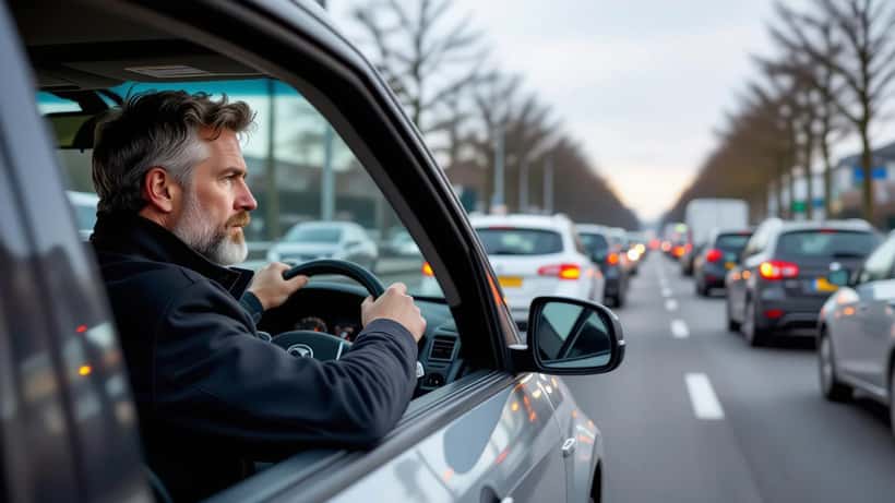 Bestuurder in bumper-aan-bumper verkeersdrukte op de A12 bij Den Haag, september 2026